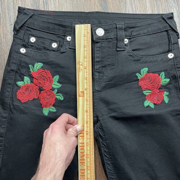 True Religion Black Super Skinny Rose Embroidered Jeans Womens Size 29x29 - Picture 9 of 11